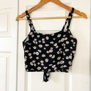 Hollister Daisy Floral Tie Front Crop Top Black White Sleeveless XS EUC